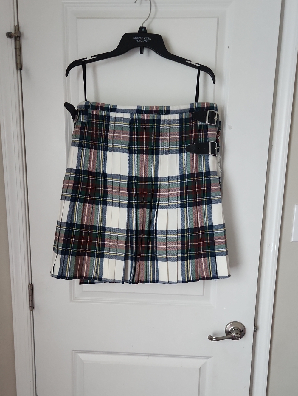 Plaid Pleated Mini Skirt with Buckle Detail - White/Multi
